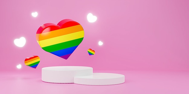 3D rendering Pride hearts with white stage on pink background Product display