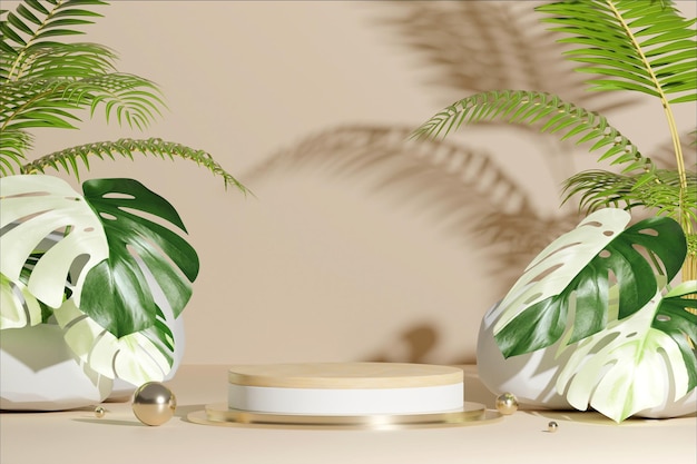 3D Rendering product display podium with monstera leaves