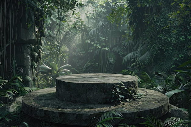 3D rendering of product display on stone platform in lush tropical forest