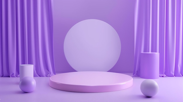 Photo 3d rendering of a purple podium with a circular backdrop and curtains there are also some spheres and cylinders on the podium