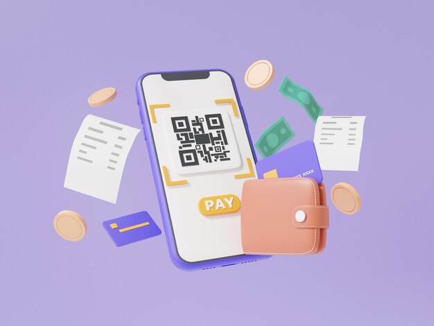 Photo 3d rendering qr code scanning via mobile phone with bill coin floating on purple background pay money or online payment shopping special concept digital transfer financial wallet transaction