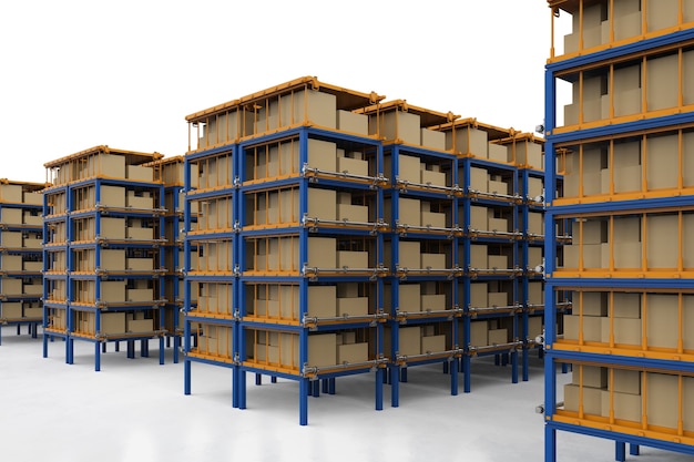 Photo 3d rendering racks full of carton boxes in warehouse