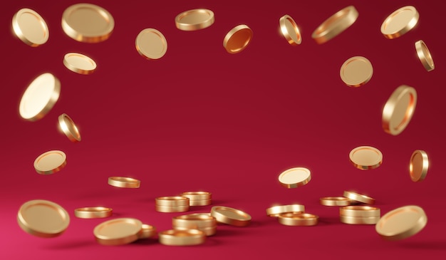 3D Rendering rain coins with space for text with blurred coins foreground isolated on red background