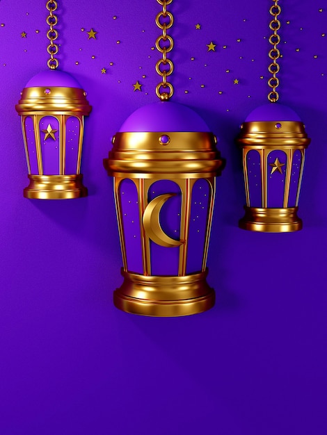 3D rendering ramadan Islamic lamps gold color on purple background