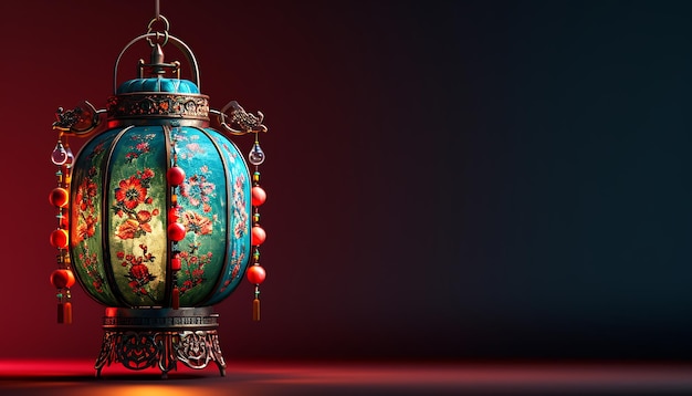 3d rendering of Ramadan Kareem lantern on dark background with space for text