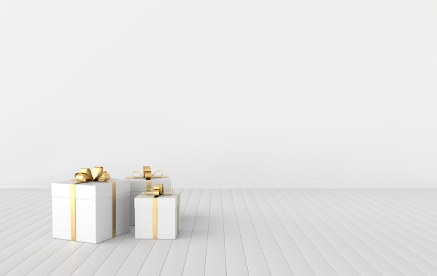 3d rendering of realistic interior with white gift box  Set of present boxes