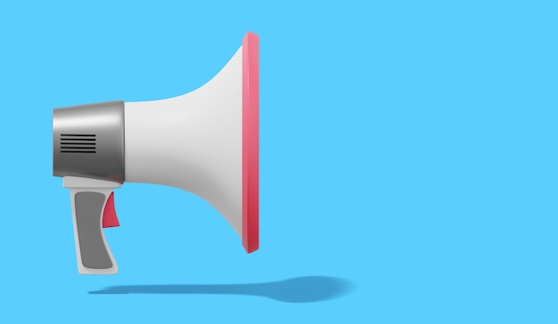 3d rendering Realistic megaphone on blue background with space for text Side view