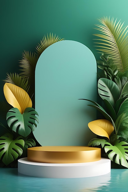 3d rendering realistic product podium and fantastic tropical leaves