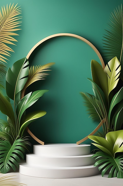 3d rendering realistic product podium and fantastic tropical leaves