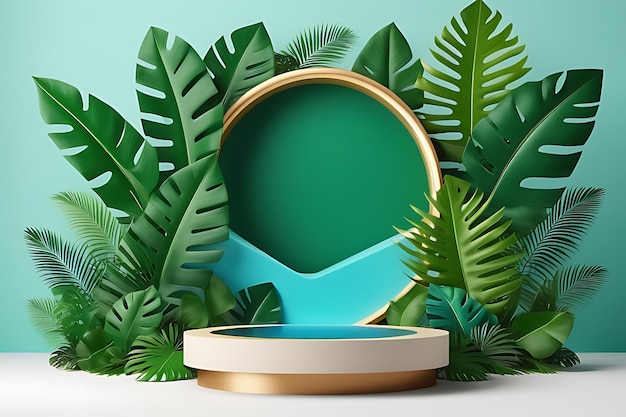 3d rendering realistic product podium and fantastic tropical leaves