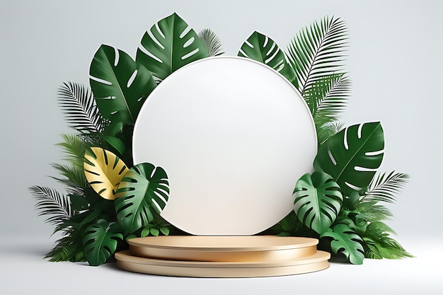 3d rendering realistic product podium and fantastic tropical leaves