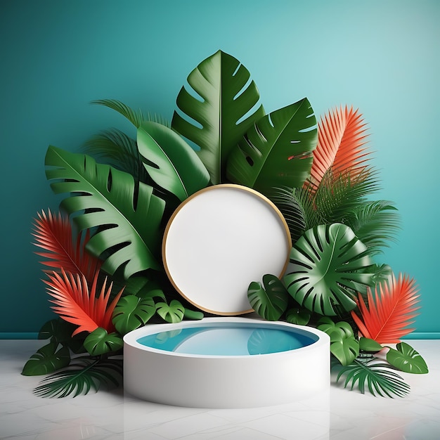 3d rendering realistic product podium and fantastic tropical leaves