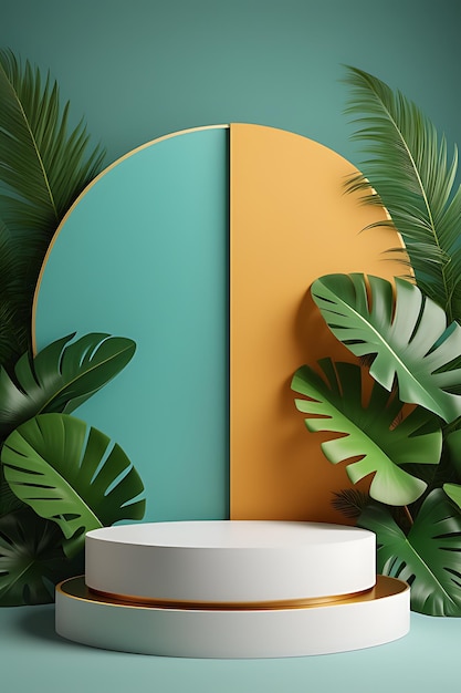 3d rendering realistic product podium and fantastic tropical leaves