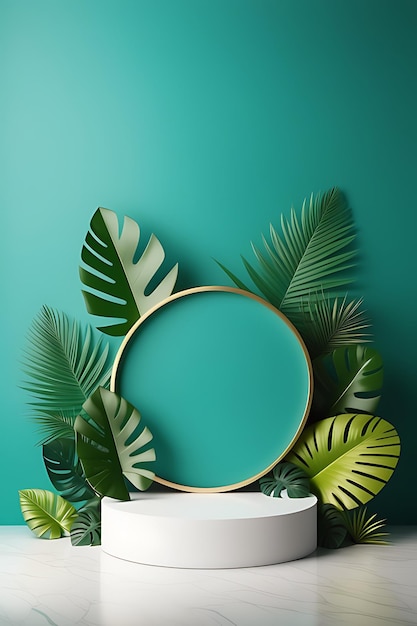 3d rendering realistic product podium and fantastic tropical leaves