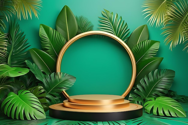 3d rendering realistic product podium and fantastic tropical leaves