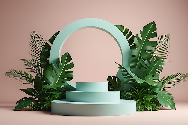 3d rendering realistic product podium and fantastic tropical leaves