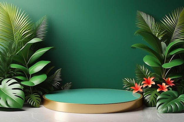 3d rendering realistic product podium and fantastic tropical leaves