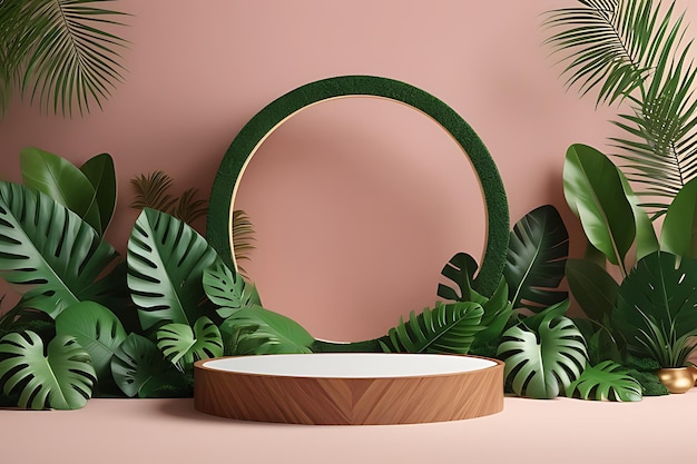 3d rendering realistic product podium and fantastic tropical leaves