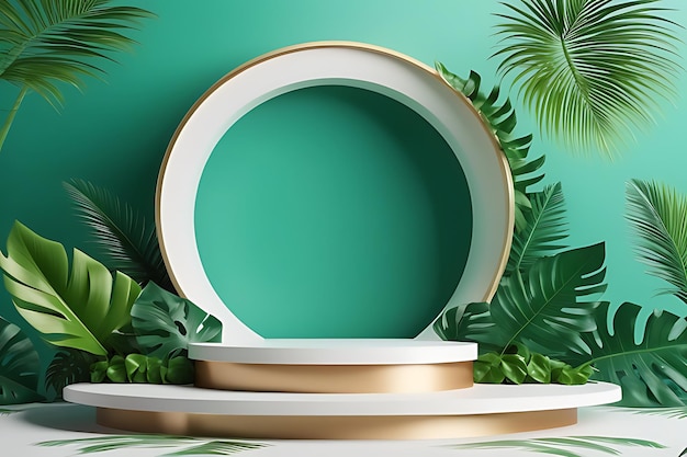 3d rendering realistic product podium and fantastic tropical leaves