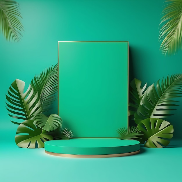 3d rendering realistic product podium and fantastic tropical leaves