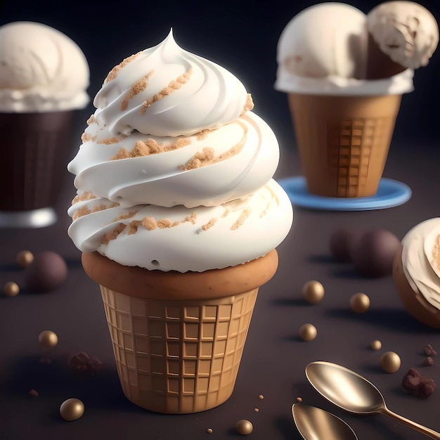 3D Rendering Realistic Vanilla Ice Cream Cone