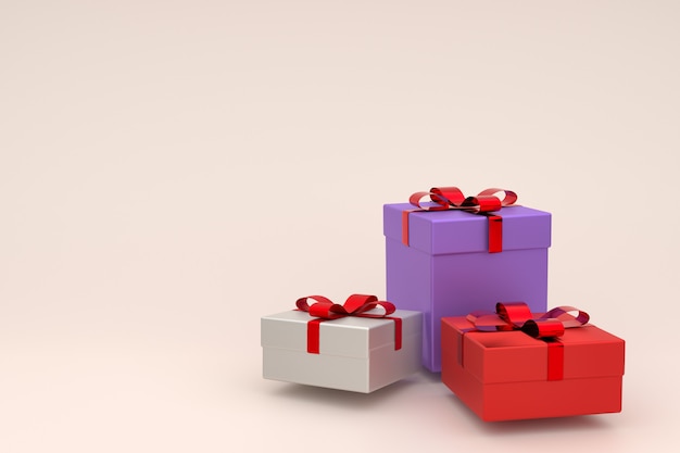 3d rendering of realistic white, red and violet gift box with ribbon bow . Empty copyspace for party, promotion social media banners, posters. Present boxes in pastel colors