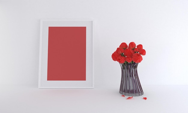 3D rendering of a red blank frame mockup next to a vase of red flowers leaning against a white wall