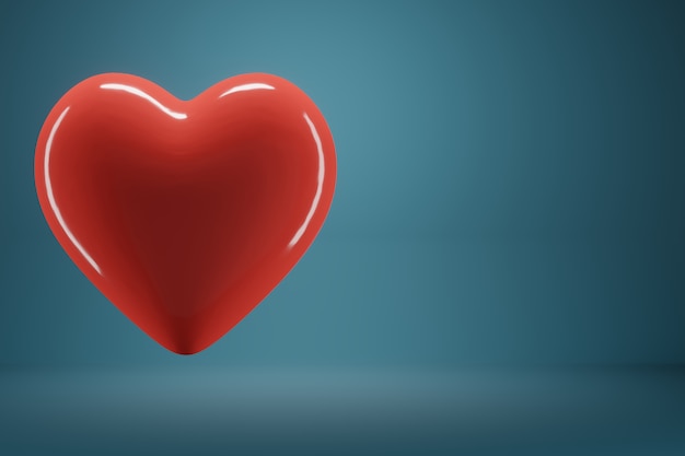 3D rendering Red heart is flying on a blue background.