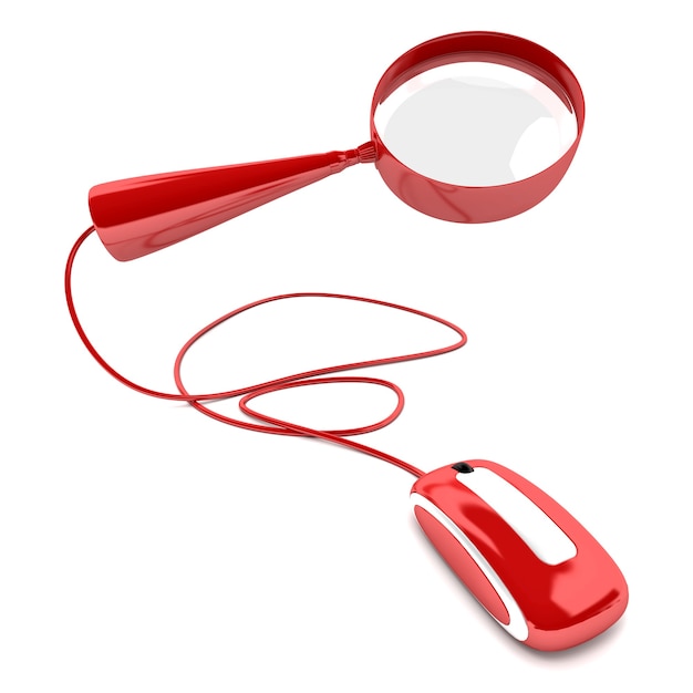 3D rendering of a red magnifying glass connected to a computer mouse