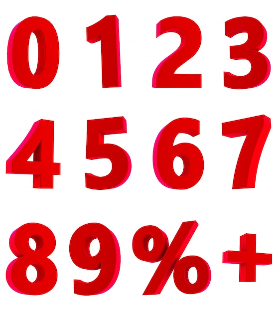 3D rendering of red numbers 1 2 3 4 5 6 7 8 9 0 % + on white background