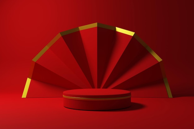 3d rendering red oriental concept product display podium with big red Chinese fan wall mockup