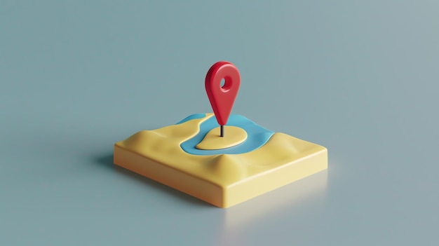 Photo a 3d rendering of a red pin on a yellow and blue map