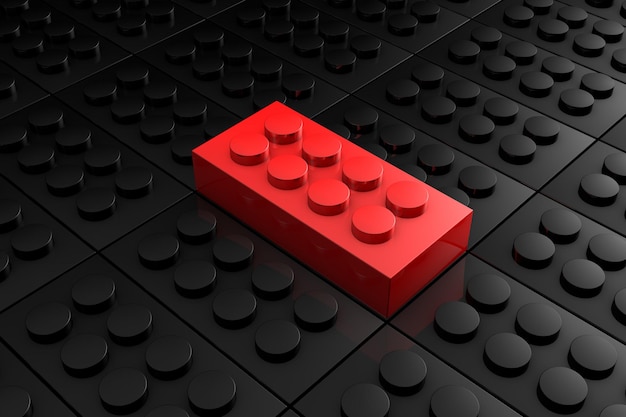 Photo 3d rendering red toy bricks standing out from crowd of black toy bricks leadership independence initiative strategy dissent think different uniqueness business success concept