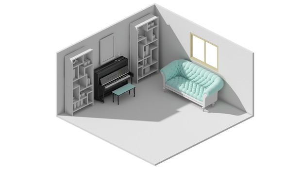 3d rendering of a relaxing layout concept with a piano