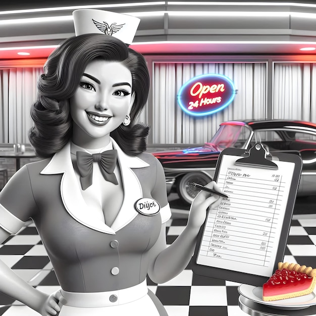 Photo 3d rendering of retro diner waitress kajol