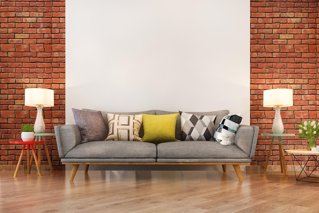 3d rendering retro sofa in minimal living room with brick wall