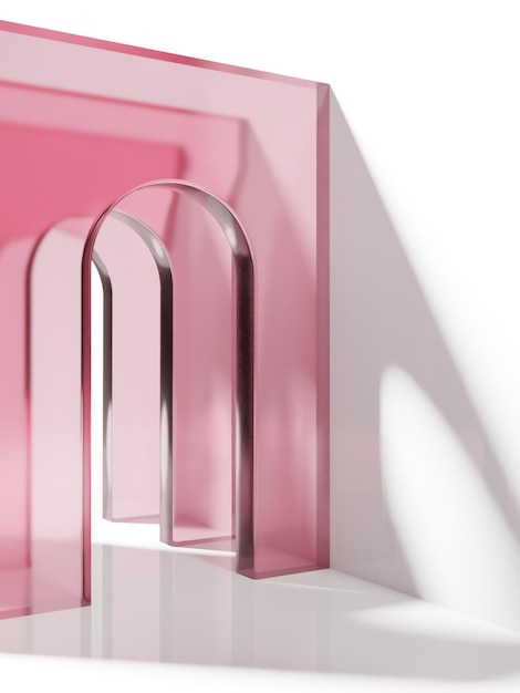 3D Rendering Retro Studio Shot Product Display Background with Transparent Pink Acrylic Arch