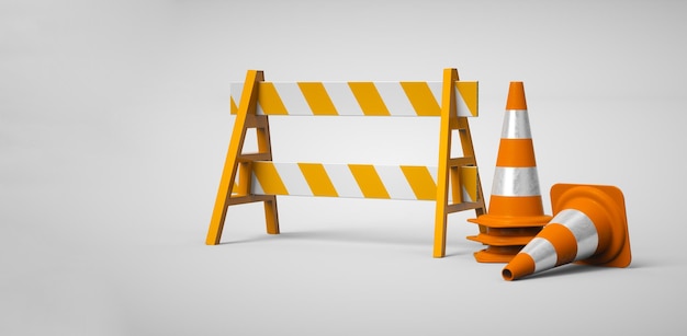 3D rendering of road barrier and traffic cones under construction symbol