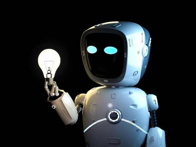 3d rendering robot assistant with idea light bulb