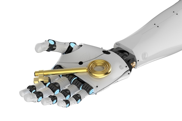 3d rendering robot hand holding golden key isolated on white