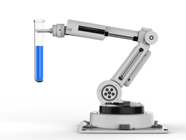 3d rendering robot holding test tube with blue liquid