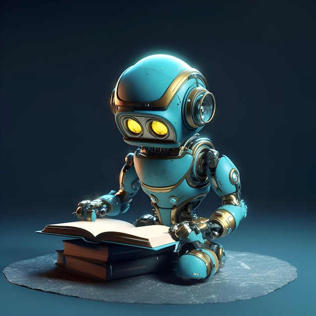 3d rendering of a robot reading a book on a blue background