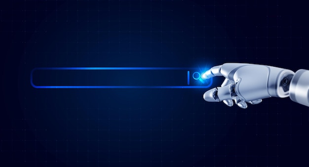 3d rendering robot's hand pointing on virtual hologram of search engine bar with empty space for data information online searching on blue background Ai robotic artificial intelligence automation