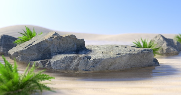 3d rendering of rock Podium and Plant