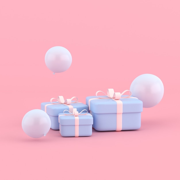 3D rendering of round gift box and balloons. Minimal concept.