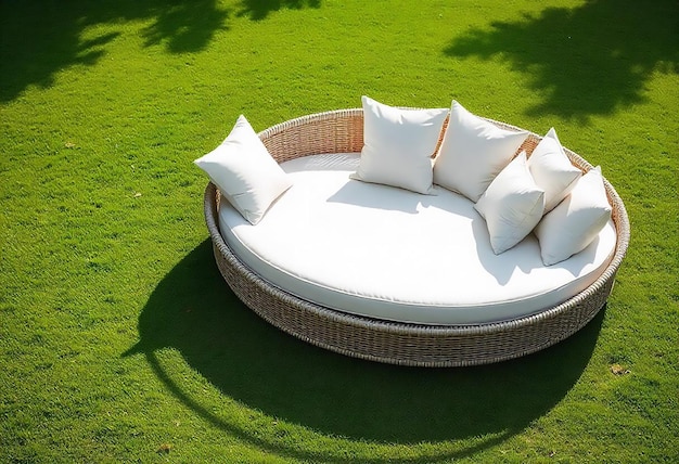 3d rendering round outdoor sofa in the grass field