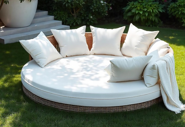 3d rendering round outdoor sofa in the grass field