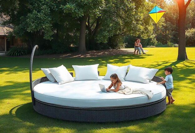 Photo 3d rendering round outdoor sofa in the grass field