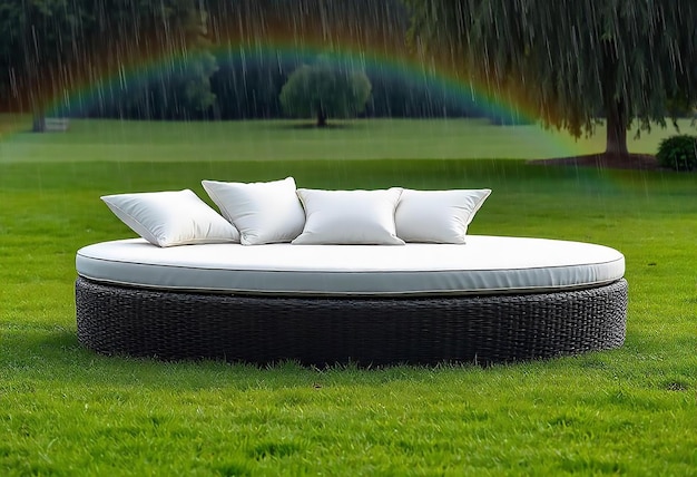 3d rendering round outdoor sofa in the grass field