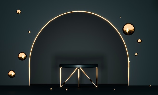 3D rendering round podium geometry with black and gold elements